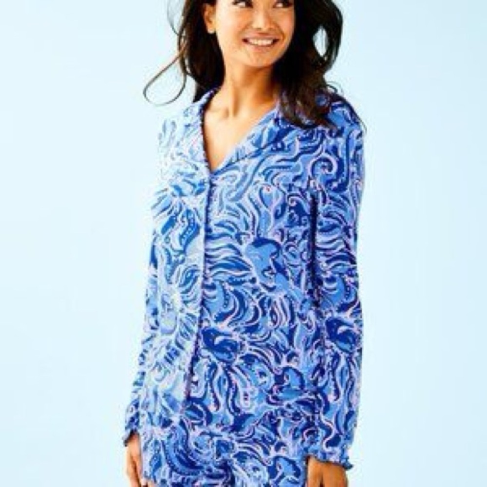 Lilly Pulitzer PJ Button Front Knit Ruffle Top Blue
